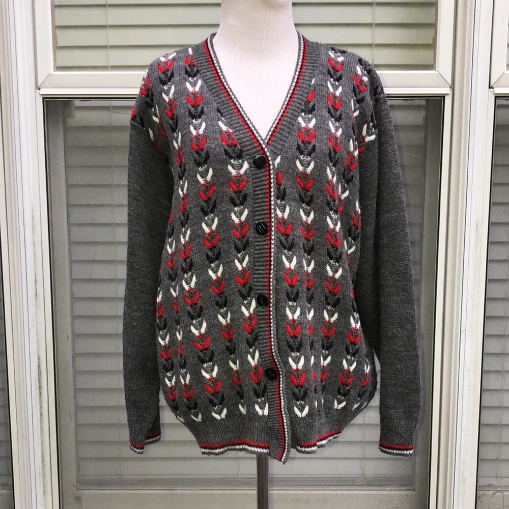 Amana Colonies Gray Red Black Grandma Chic Button Front Sweater size L/XL